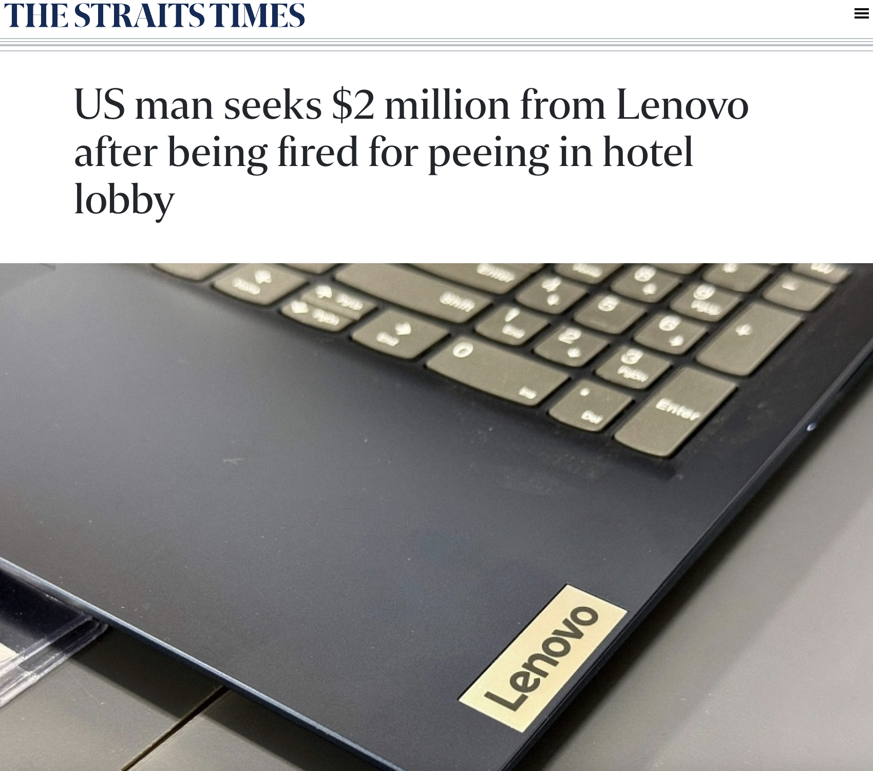 input device - The Straits Times Us man seeks $2 million from Lenovo after being fired for peeing in hotel lobby Lenovo Enter